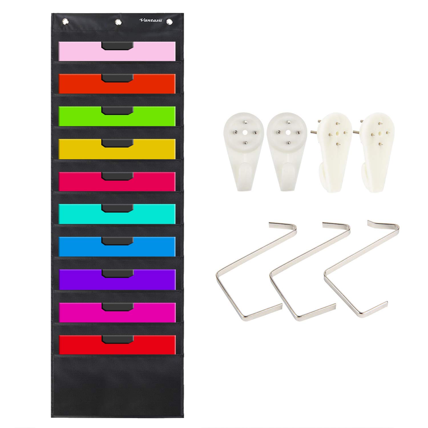 Vantasii Organization Pocket Chart, Wall Hanging File Organizer Folder with 10 Large Pockets for Office, Home, School, Studio, etc. 14 X 47 inch, Black, 3 Hangers and 4 Hooks — image 1
