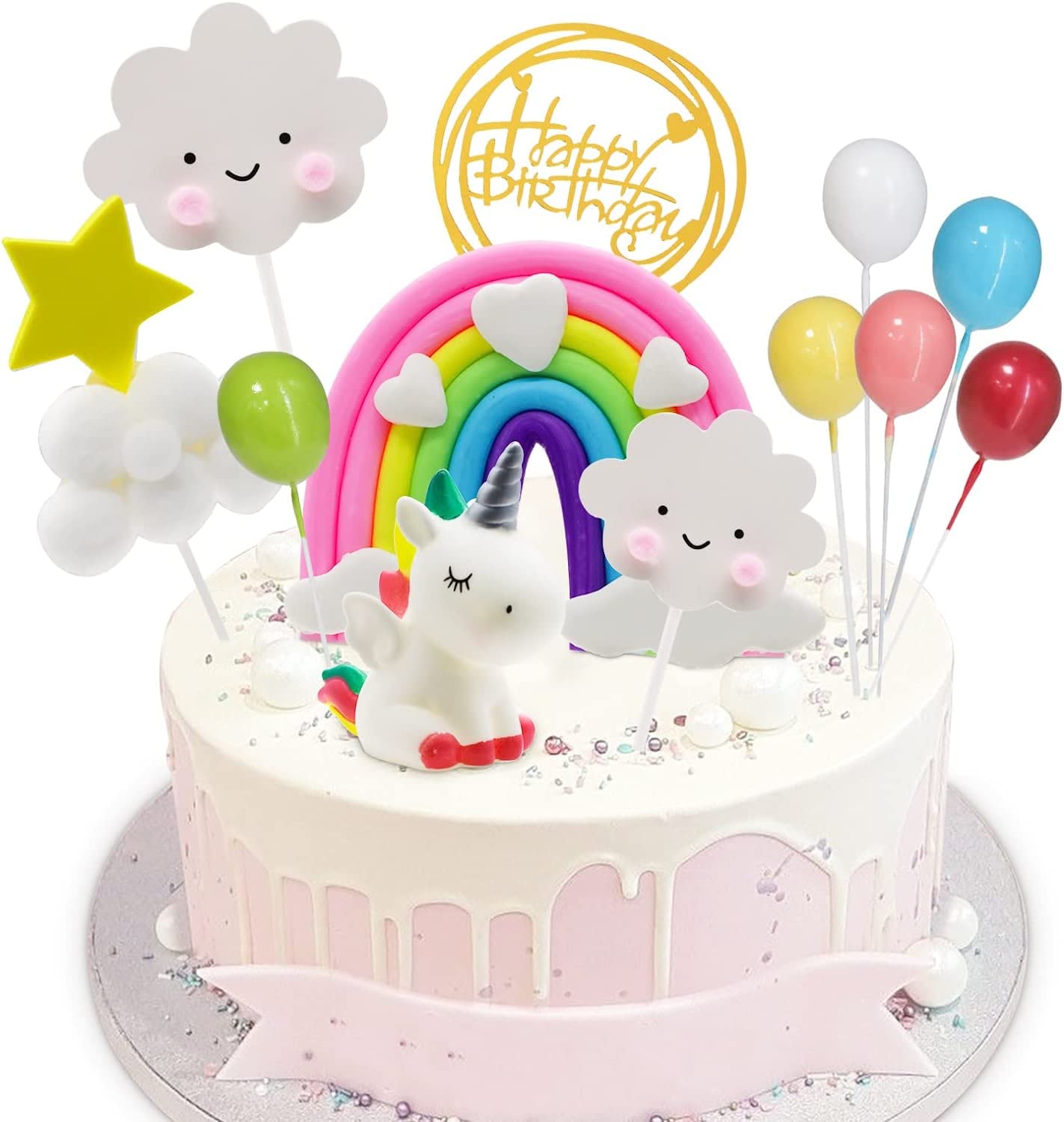 Morofme 12pcs Unicorn Cake Topper Cloud Rainbow Cake Toppers Balloon Happy Birthday Banner Cake Decoration Ball Cupcake Picks for Kids Girls Baby Shower Birthday Party Supplies