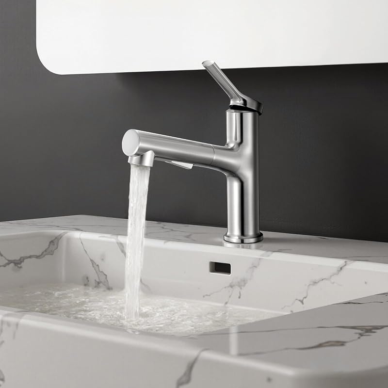 Grifo de Lavabo en Níquel Cepillado y Acero Inoxidable, Grifo de Cocina con Rociador Extraíble, Mezclador Monomando para Baño, Caravana, Bar, Resistente a la Corrosión, 260 x 210 x 52 mm