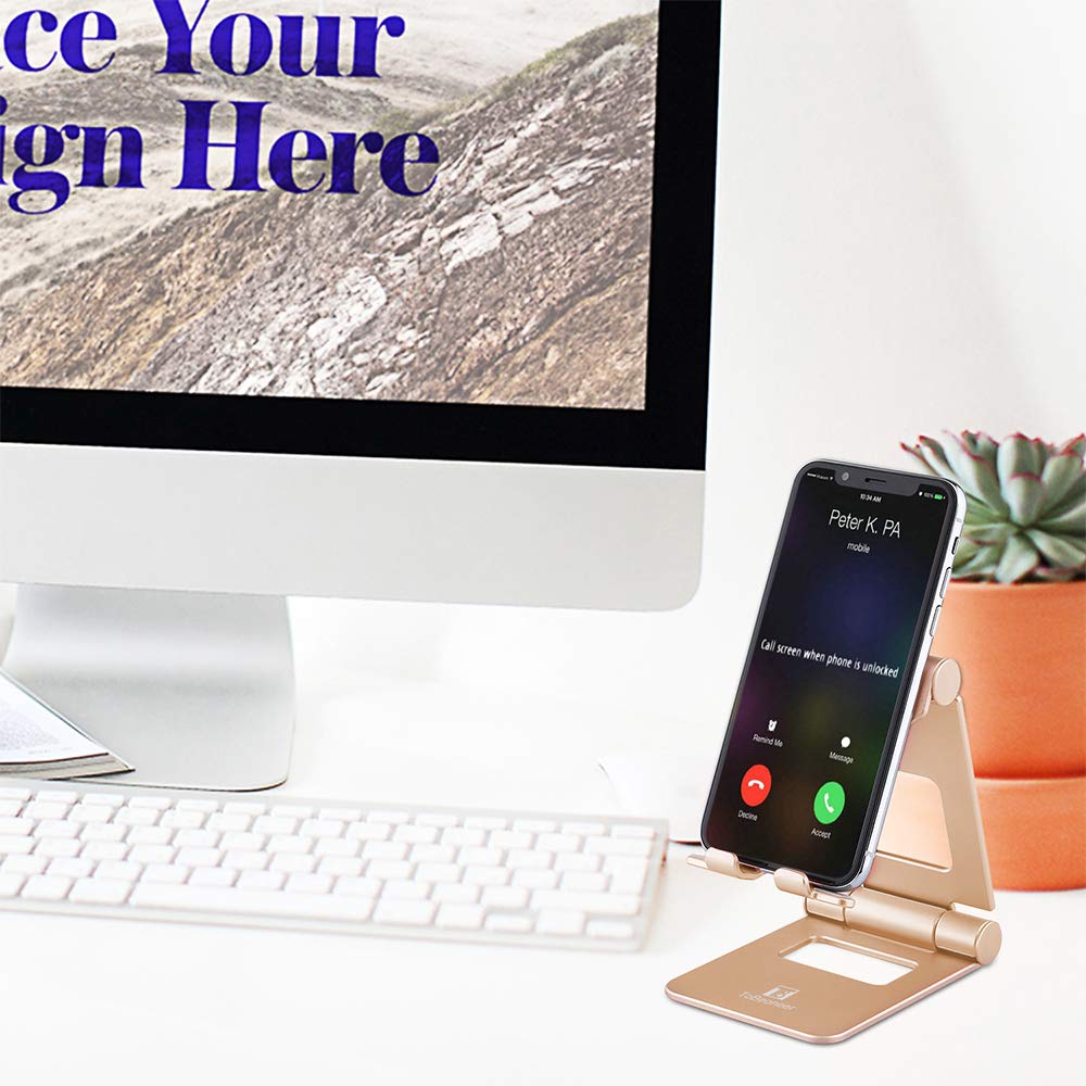 Cell Phone Stand Adjustable, ToBeoneer T8 Desk Phone Holder [Upgraded] Multi-Angle Phone Dock Thicker Wider Taller for All Mobile Phone Tablet [Up to 10 in] Home Office Décor Accessories, Gold