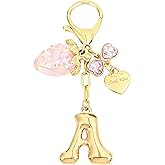 Snycler Bubble Initial Keychain with Strawberry & Bow- Gold Letter Bag Charms for Women, Cute Purse Handbag Accessories