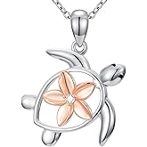 LWXIE Diamond Turtle Necklace for Women 925 Sterling Silver Turtle and Plumeria Pendant Necklace Summer Beach Ocean Hawaii Jewelry Birthday Mothers Day Gifts for Her