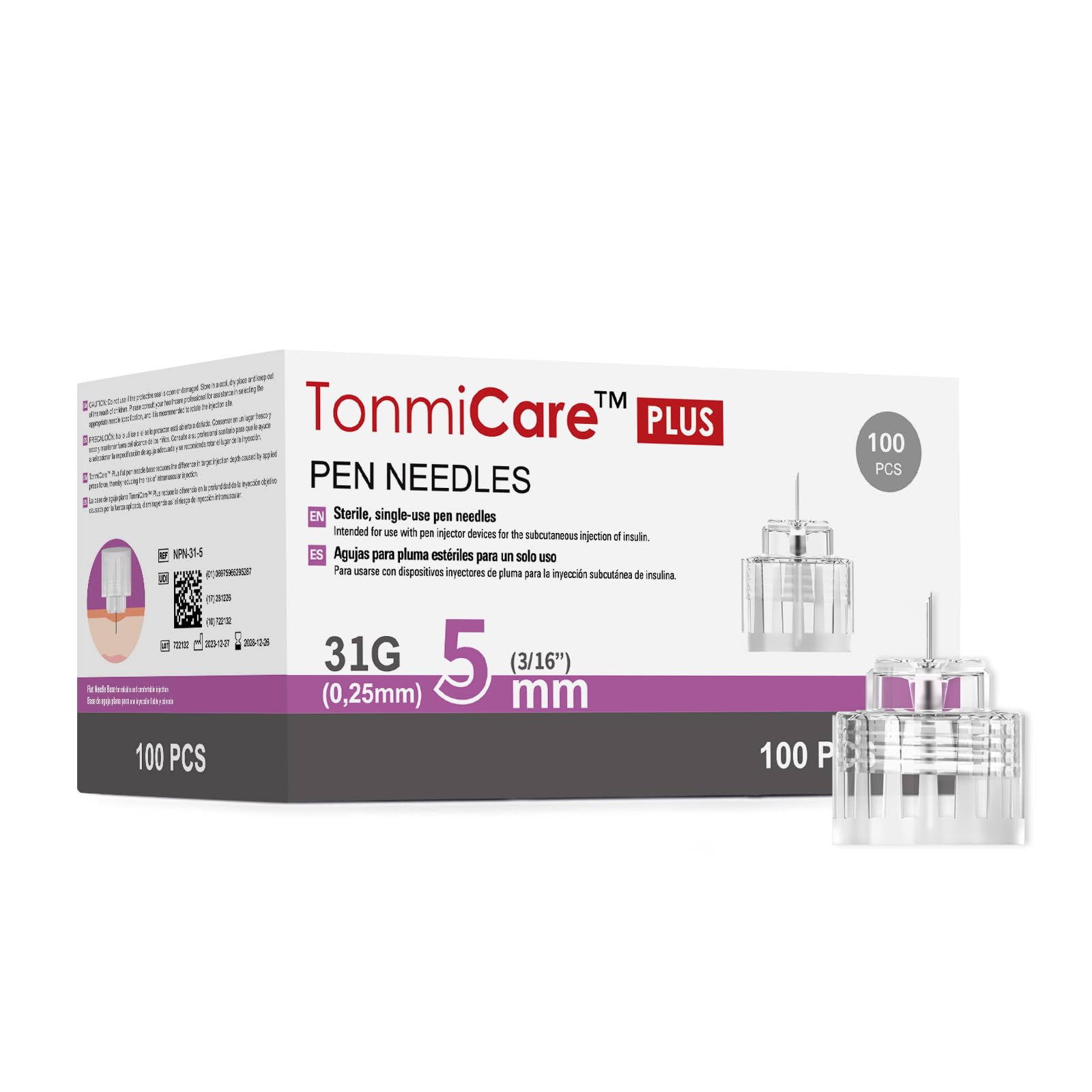 Photo 1 of Tonmicare Plus Pen Needles 31g 5mm, Flat Pen Needle Base for Comfortable Insulin Injection, Compatible with Most Diabetes Pens and Injection Devices, 100 pcs/Box (3/16'')