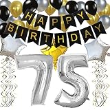 KUNGYO Classy 75TH Birthday Party Decorations Kit-Black Happy Brithday Banner,Silver 75 Mylar Foil Balloon, Star, Latex Balloon,Hanging Swirls, Perfect 75 Years Old Party Supplies
