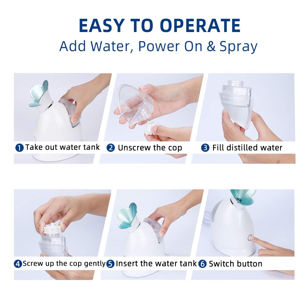 Facial Steamer, 10X Penetration 98ML, RUEOO Nano Ionic Face Steamer, Cleansing Pores Humidifier Steamer with 15min Steaming Time, plus Blackhead Remover Kit and Hair Band Moisturizing Steamer: Beauty