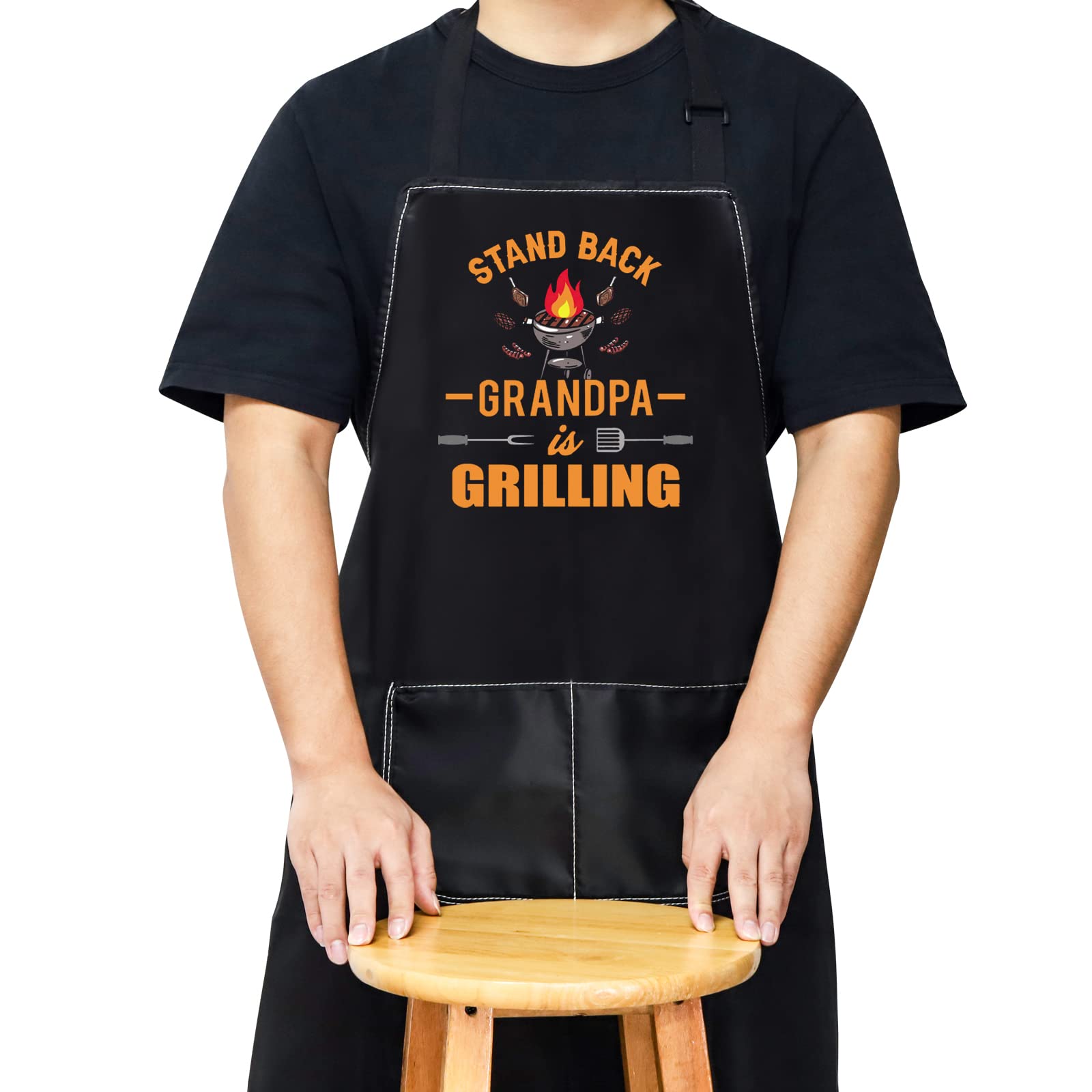 WZMPA Grandpa Grill Apron Grandfather BBQ Gifts Stand Back Grandpa Is Grilling Adjustable Apron With Pocket For Grilling BBQ, Grandpa Grilling Apron, Medium
