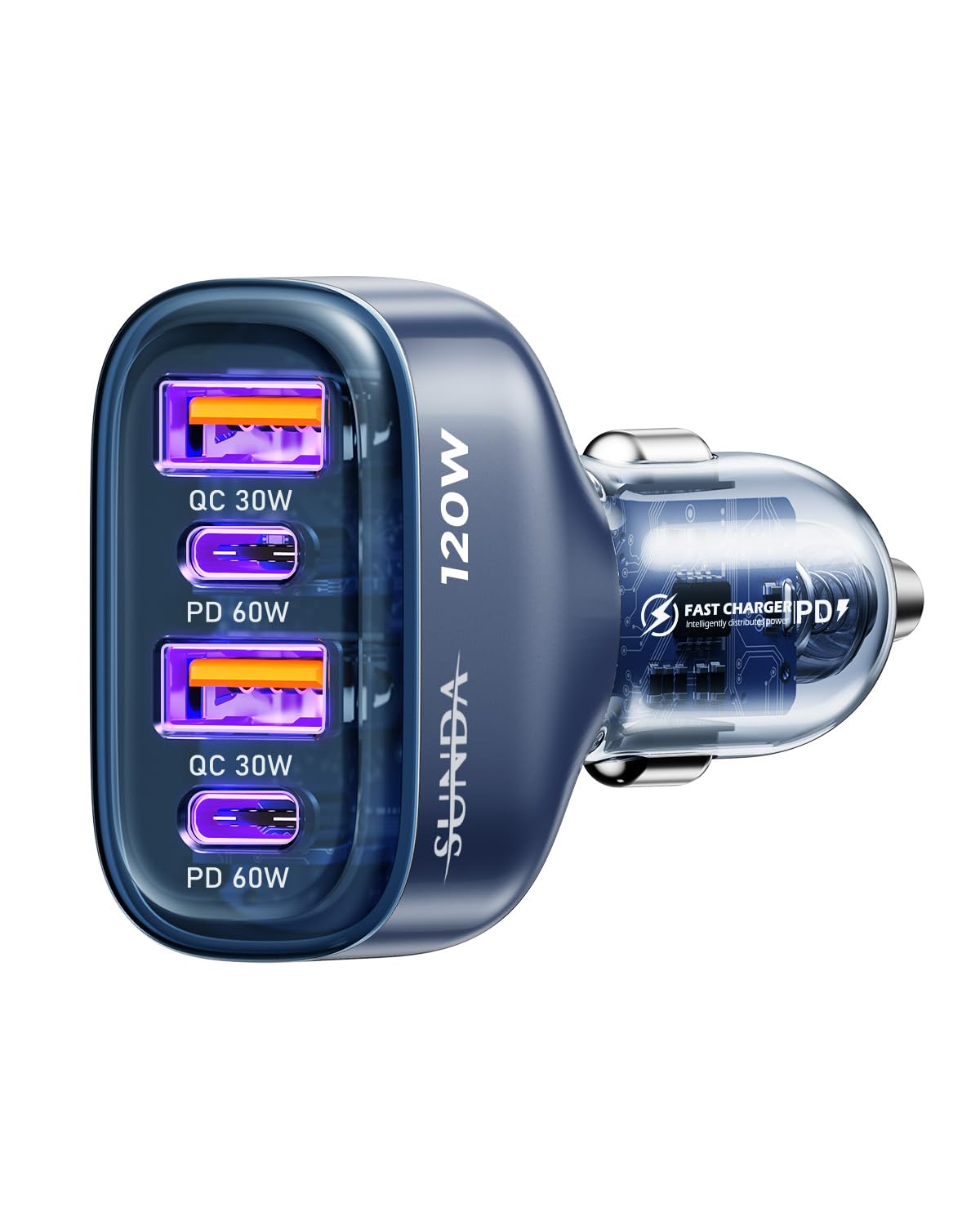 Photo 1 of SUNDA 120W USB C Fast Car Charger, 4-Ports Car Charger Adapter, Dual Type C PD60W/PPS60W Compatible with iPhone15/14Pro/Max/iPhone13/Galaxy/SamsungS23, Dual USB-A 18W QC3.0 for Android(Blue)