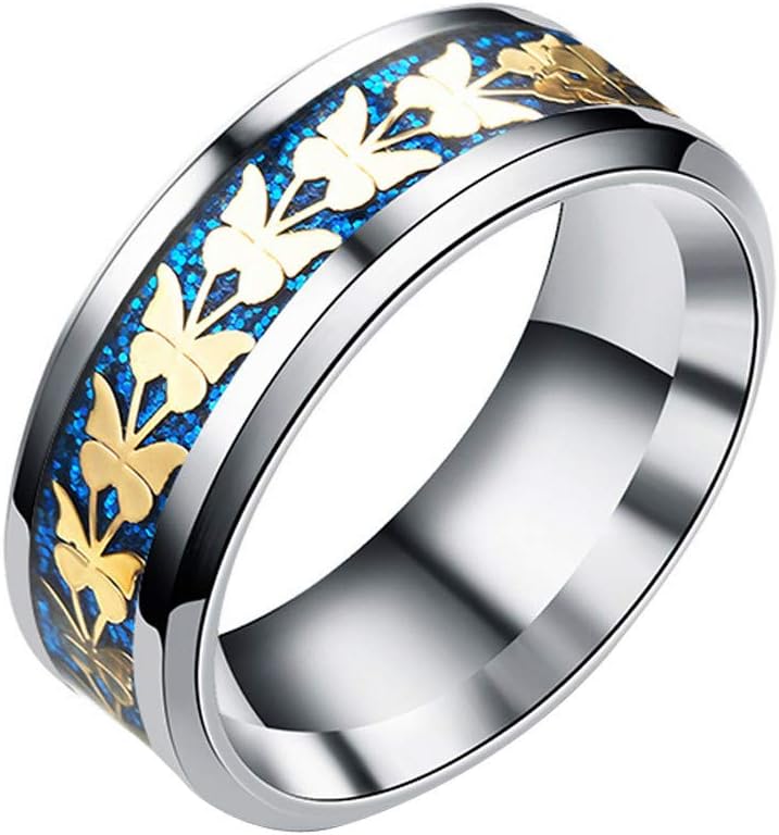YOMXL Women Men Sliver&Gold Butterfly Wedding Band Ring Sliver Polished Fashion Stainless Steel Band Couples Engagement Rings