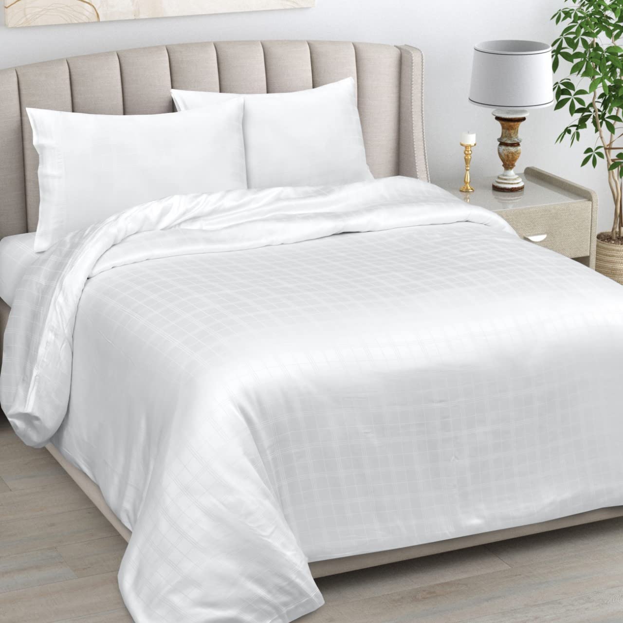 LINENWALAS 100% Organic Bamboo Bed Sheets for Single Size Bed, Deep Pocket Sheets, Checkered Design Silk Sheets 3pc Bed Sheet Set – 1 Fitted & Flat Sheet with 1 Pillowcases (White, Single)