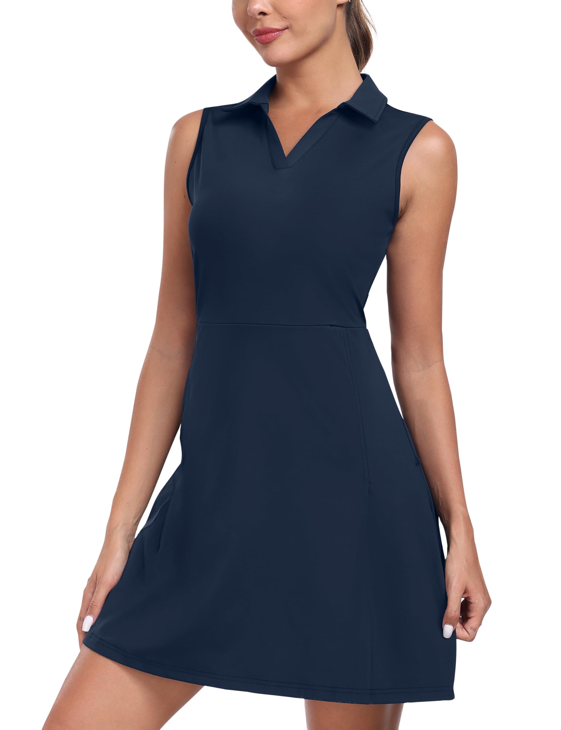 Photo 1 of MoFiz Women's Golf Tennis Dress Sleeveless Athletic Dress with Shorts V-Neck Sport Polo Dress Navy Blue L
