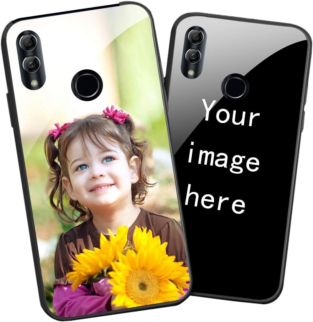 Personalized Picture Custom Tempered Glass Cellphone Cases for Huawei Honor 10 Lite DIY Photo Text Tempered Glass Cover Black Soft Edge Protective Bumper Case
