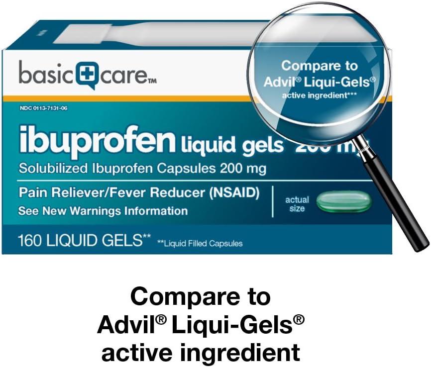  Basic Care Ibuprofen Liquid Gels 200 mg, Pain Reliever/Fever Reducer (Liquid Filled Capsules), 160 Count: Health & Personal Care