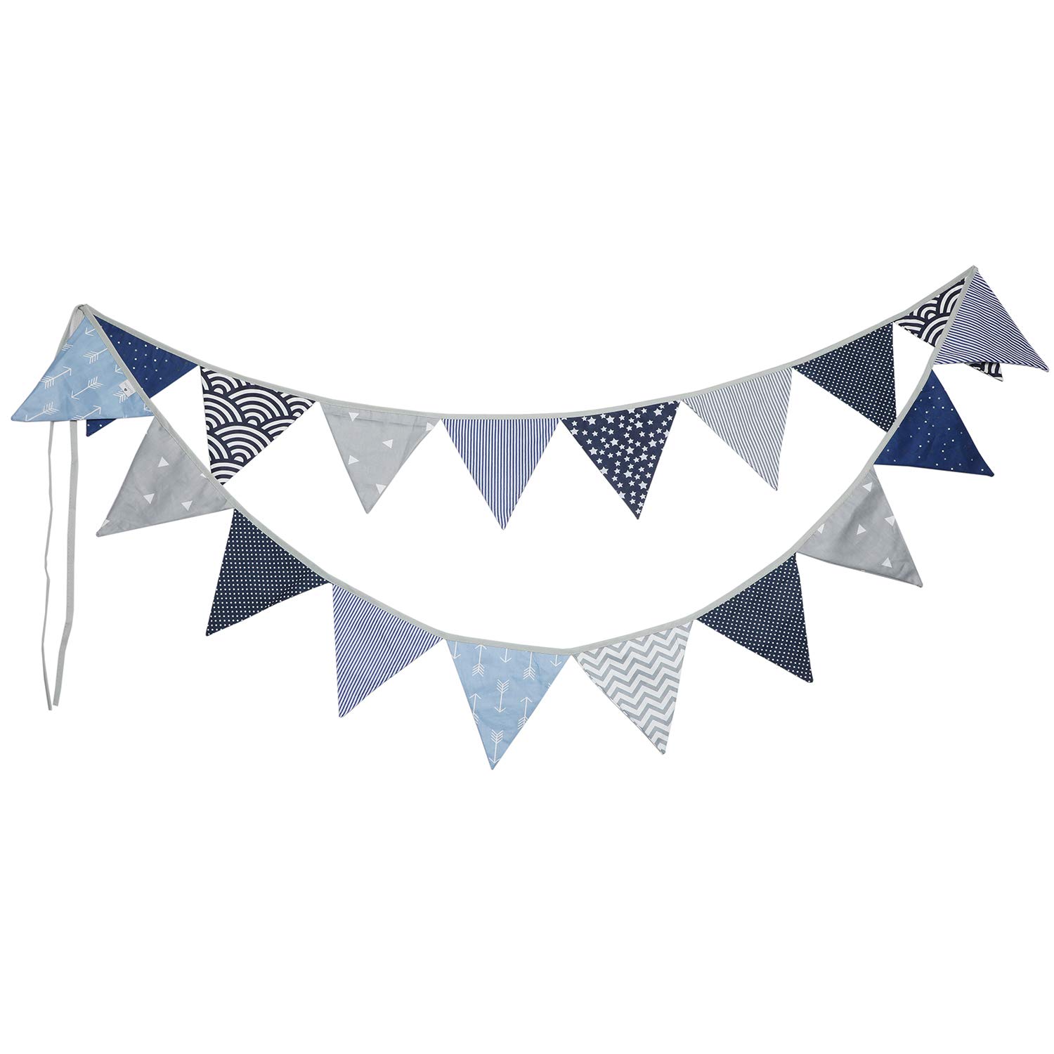 PREMYO Fabric Bunting Flags - Baby Shower Decorations Boys Nursery - Colourful Double Sided Banner Blue Grey