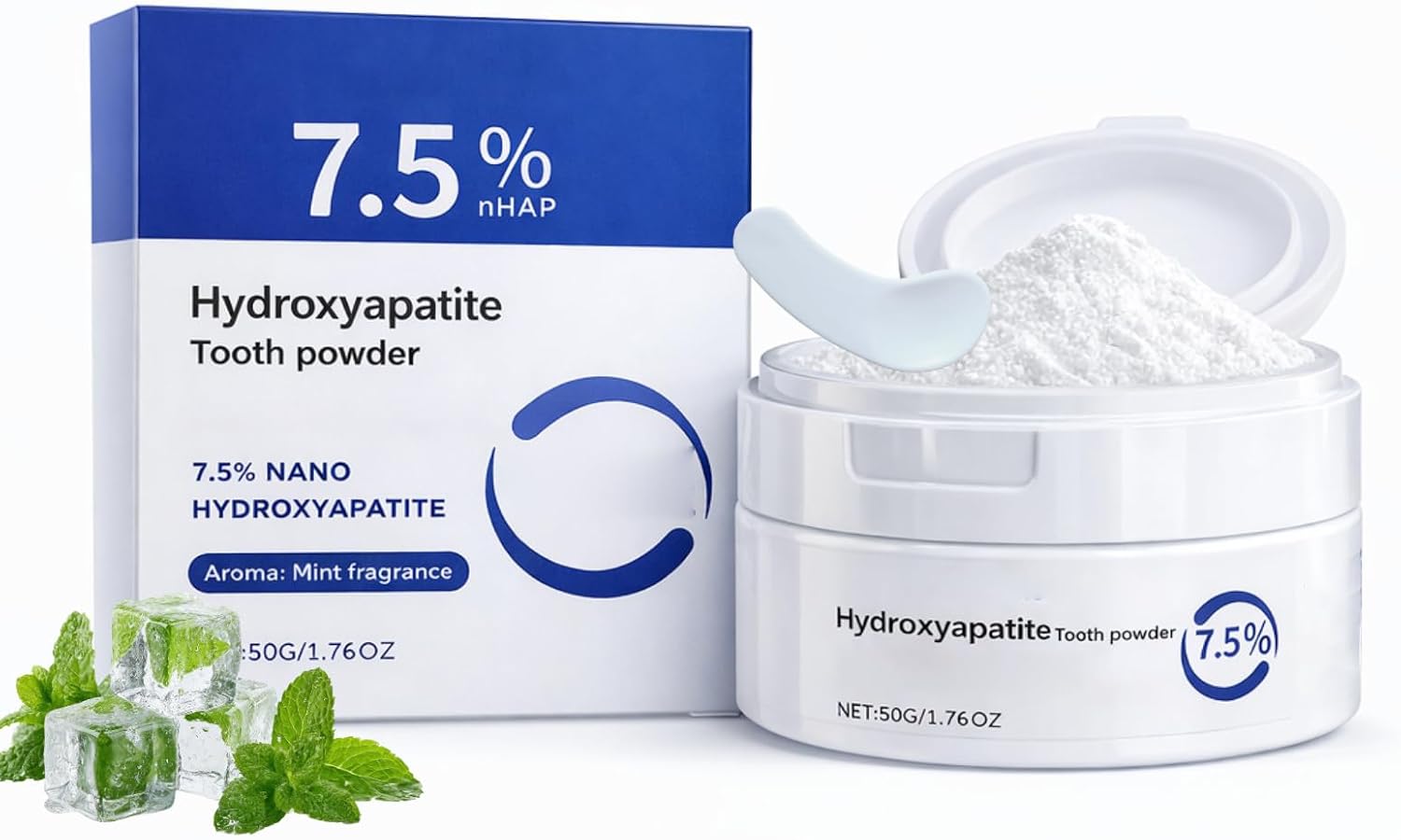 Microcrystalline Hydroxyapatite Tooth Powder, 7.5% Nano Hydroxyapatite Formula, Gentle Daily Oral Care with Fresh Mint