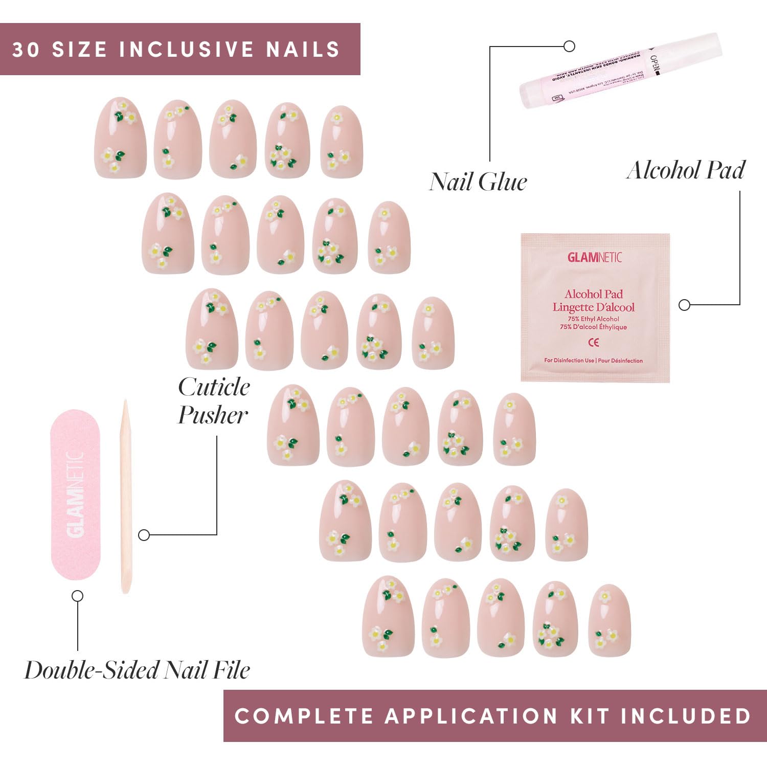Glamnetic Press On Nails - Petals | Short Oval Nails with Floral Accents, Reusable Stick On Fake Nails with Glue | Love In Bloom Spring Nails | 15 Sizes - 30 Nail Kit with Glue - Image 4