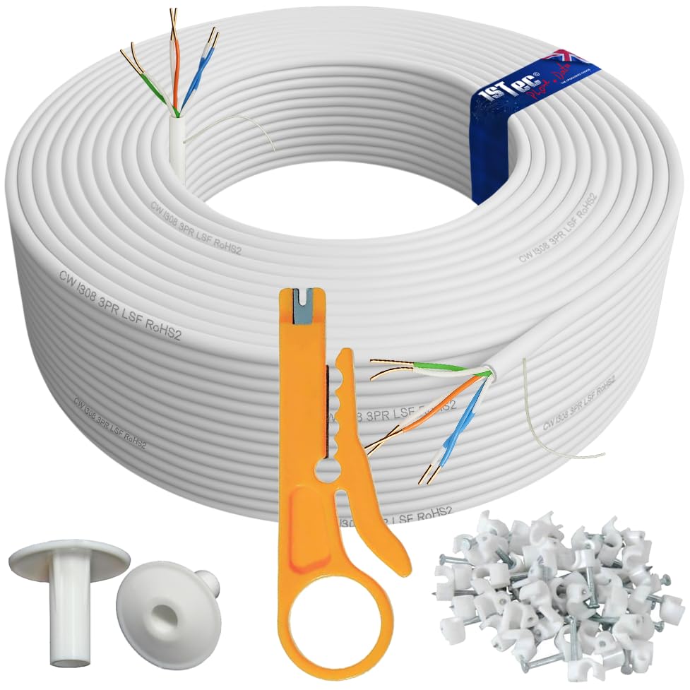 1STec 40m Genuine BT CW1308 6 Core 3 Twisted Pair Telephone Master or extension Socket FTTC Broadband Extension Wire with 2 Grommets IDC Insertion Tool 4mm Clips Printed Instructions 40 Metre White