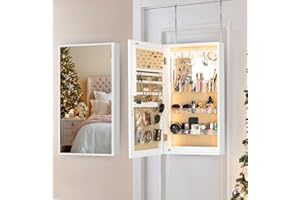 LUXFURNI LED Jewelry Organizer with Mirror, Small Jewelry Cabinet Wall-Mount/Door-Hanging Armoire,Lightweight Jewelry Storage for Bedroom