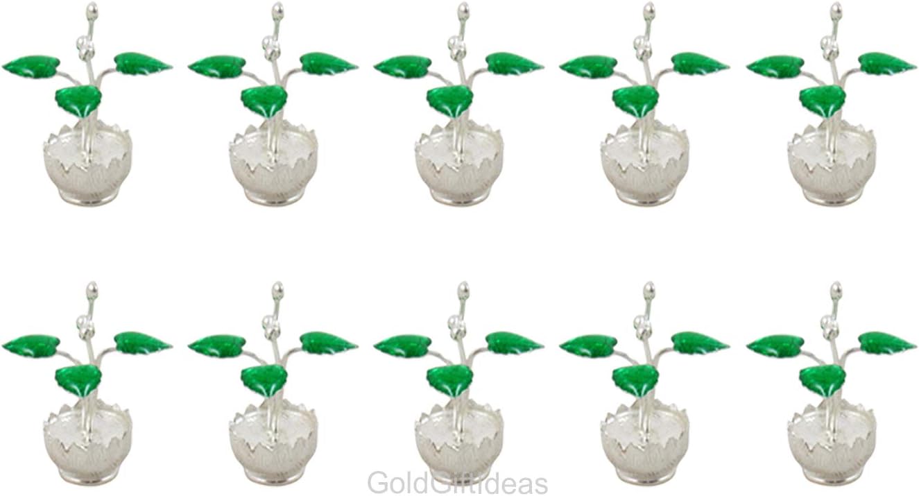 GoldGiftIdeas Pure Silver Pot Shape Tulsi Plant for Home, Indian Return Gifts for Pooja and Baby Shower, Silver Pooja Items for Gifts, Silver Pooja Articles for Temple with Potli Bags (Pack of 10)