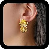 Andelaisi Boho Gold Flower Earrings Vintage Flower Floral Earrings Gold Double Floral Dangle Earring Personalized Lily Petal Earring Jewelry for Women