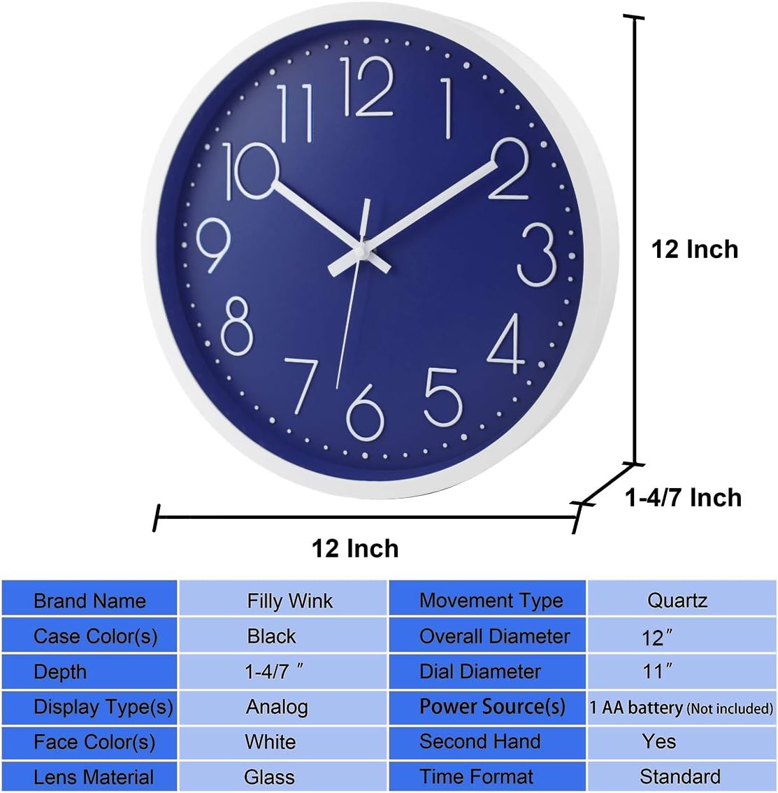Beautiful Filly Wink Modern Wall Clock Silent Non Ticking Sweep Movement Battery Operated Easy To Read Home Office School Clock 12 Inch Blue Home Kitchen Floor Price Wwwballonajcoil