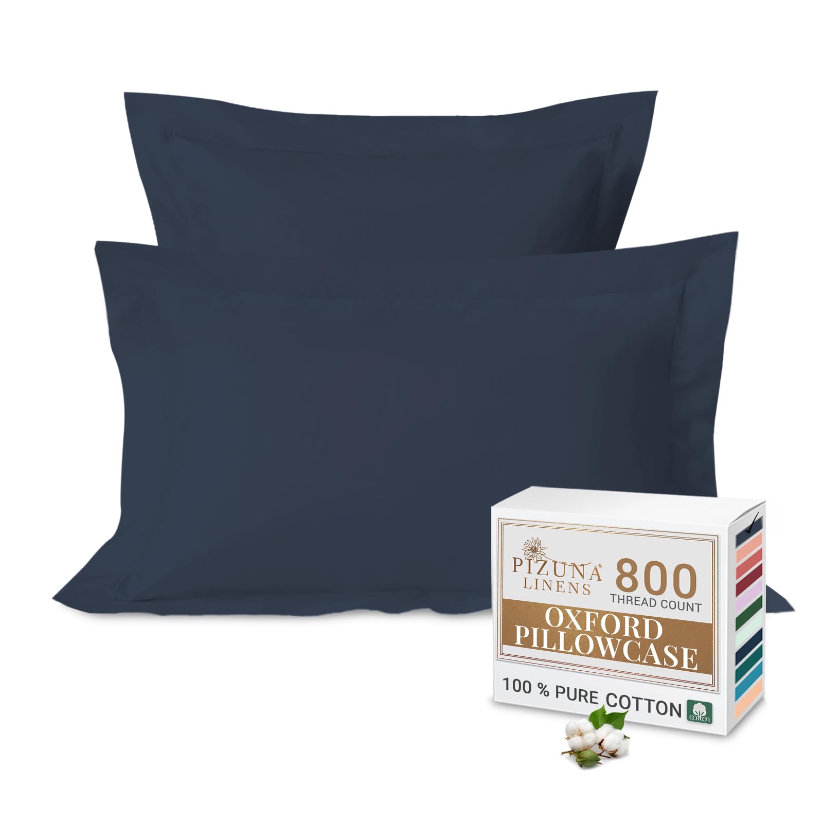 Pizuna Luxurios Cotton Standard Pillowcases 2 Pack Dark Blue 50x75cm, 800 Thread Count Long Staple Combed Cotton Pillow Cover, Crisp Sateen Weave Oxford Pillow Cases (Luxury Pillowcase 2 PC)