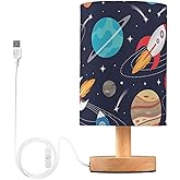 BOENLE Bedside Lamp Space Cute Rockets Planets Table Lamp for Bedroom LED Nightstand Lamp Shade USB Ports Wood Base for Living Room Dorm Office