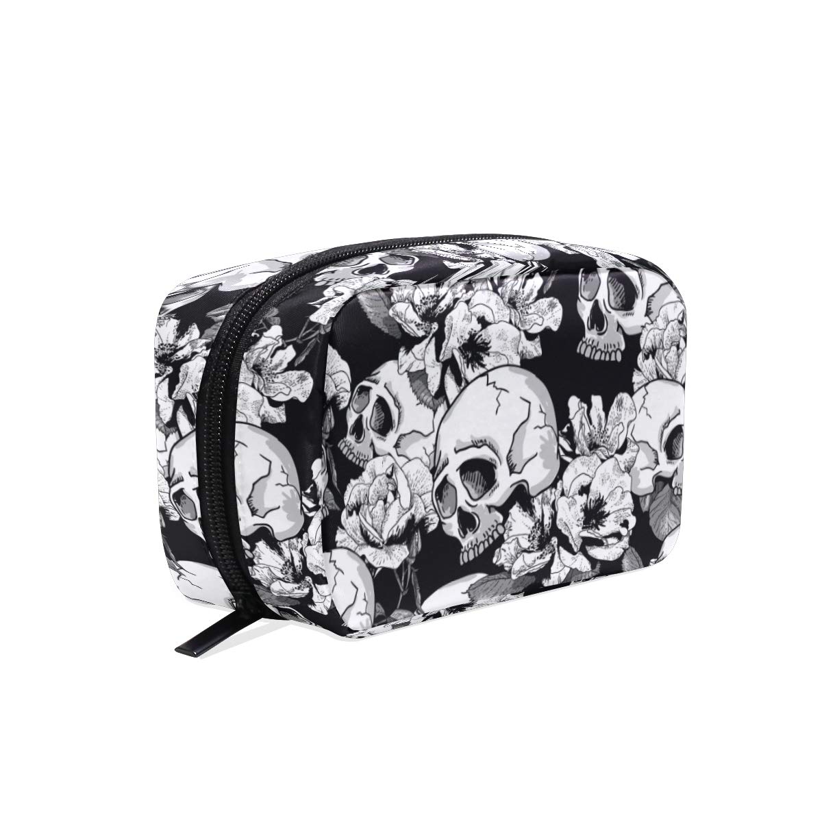 Makeup Pouch Sugar Skull Floral Print Cosmetic Toiletry Bag Storage Large Travel Handle Personalised with Compartments for Teenage Girl Women Lady Black