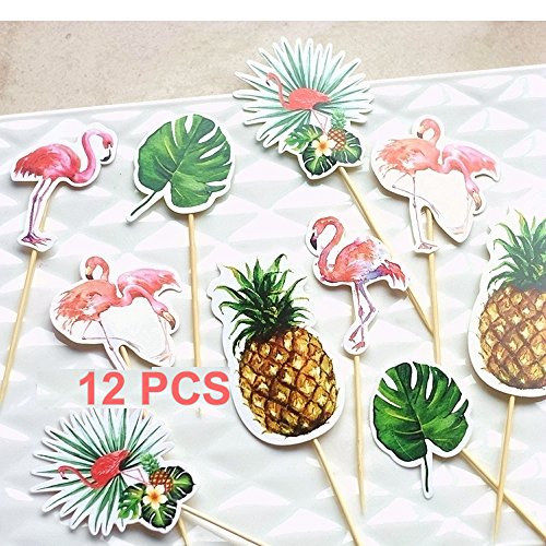 Palm Leaves Pink Flamingo Party Cupcake Toppers Luau Decorations, Set of 12