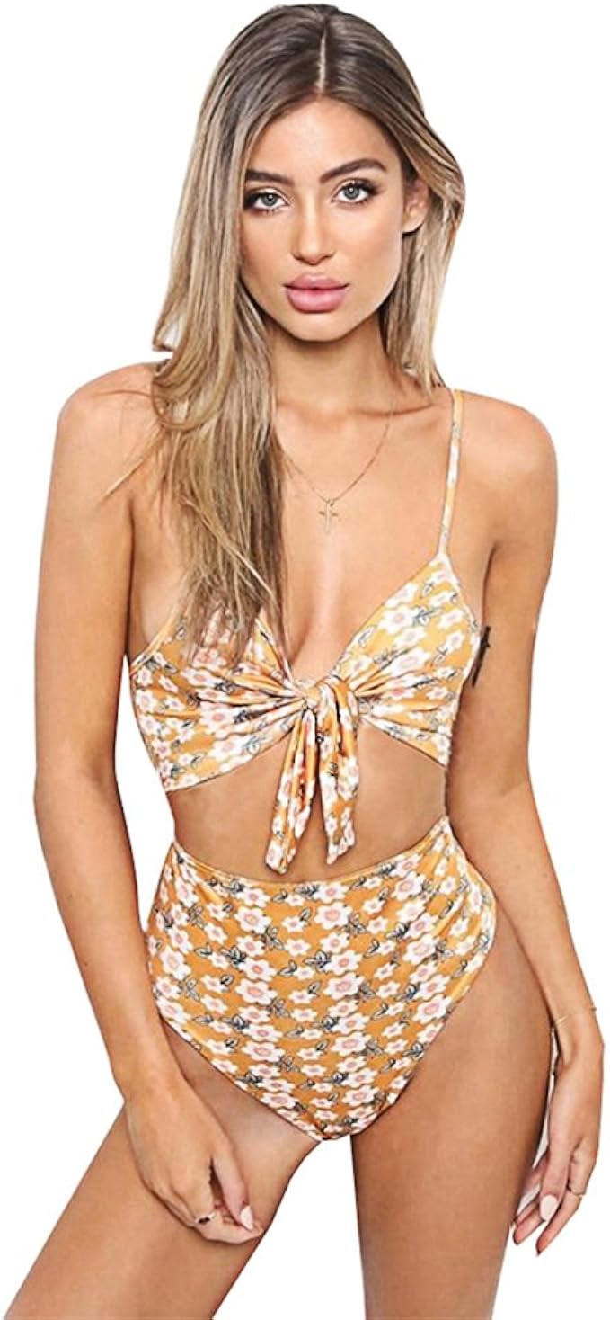 Amazon レディース水着 可愛い水着 ハイウエスト おしゃれなデザイン 体型カバー パッドなし ワイヤなし 快適 海外旅行 温泉 夏休み ビーチ 三角ビキニ 無地 人気 可愛い 小胸 美胸 ビキニ セパレーツ 通販