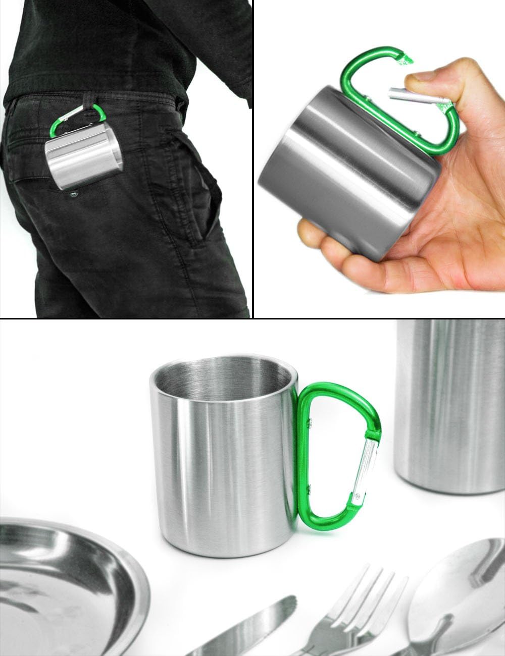 Outdoor Saxx Quart Drinking Cup Camping Cup Compact Lightweight 200ml Screw Handle Green Stainless Steel Carabiner for Hiking Trekking Work - Image 4