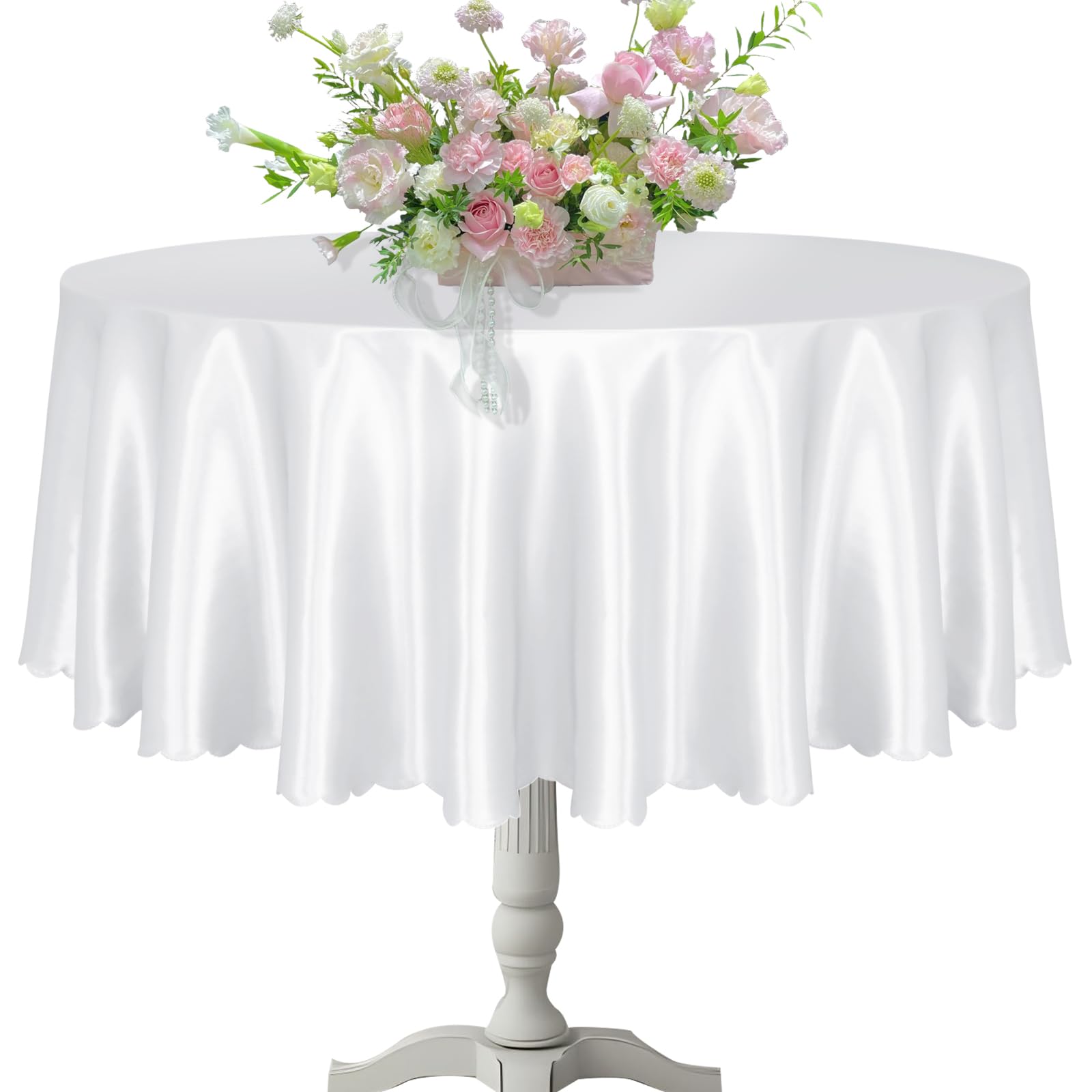 Photo 1 of KKJIAF 1 Pack Round Table Cloths 90 Inch, White Overlay Round Satin Table Cover, Silky Satin Dining Tablecloths for Wedding Buffet Parties Banquet Decoration