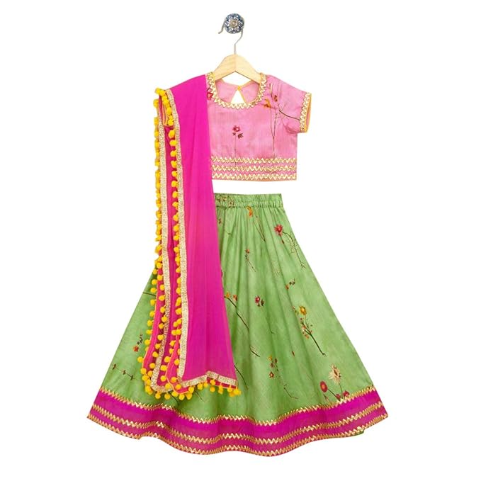 Kids Chakra By Hopscotch Girls Cotton Floral Print Lehengas And Blouses Set With Dupatta in Green Color