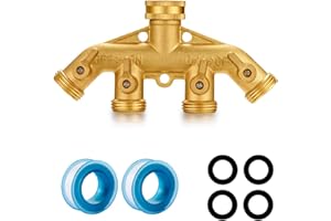 YELUN Garden Hose Splitter Heavy Duty Brass Connector, Garden Faucet Splitter for Outdoor Faucet Hose Bib Splitter, Adapter with Comfortable Grip Shut Off Valves (4 Way splitter)