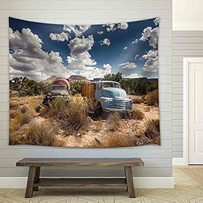 Old Rusty Cars in Abandoned Town Along Historic Us Route 66, Arizona - Fabric Wall Tapestry Home Decor - 51x60 inches