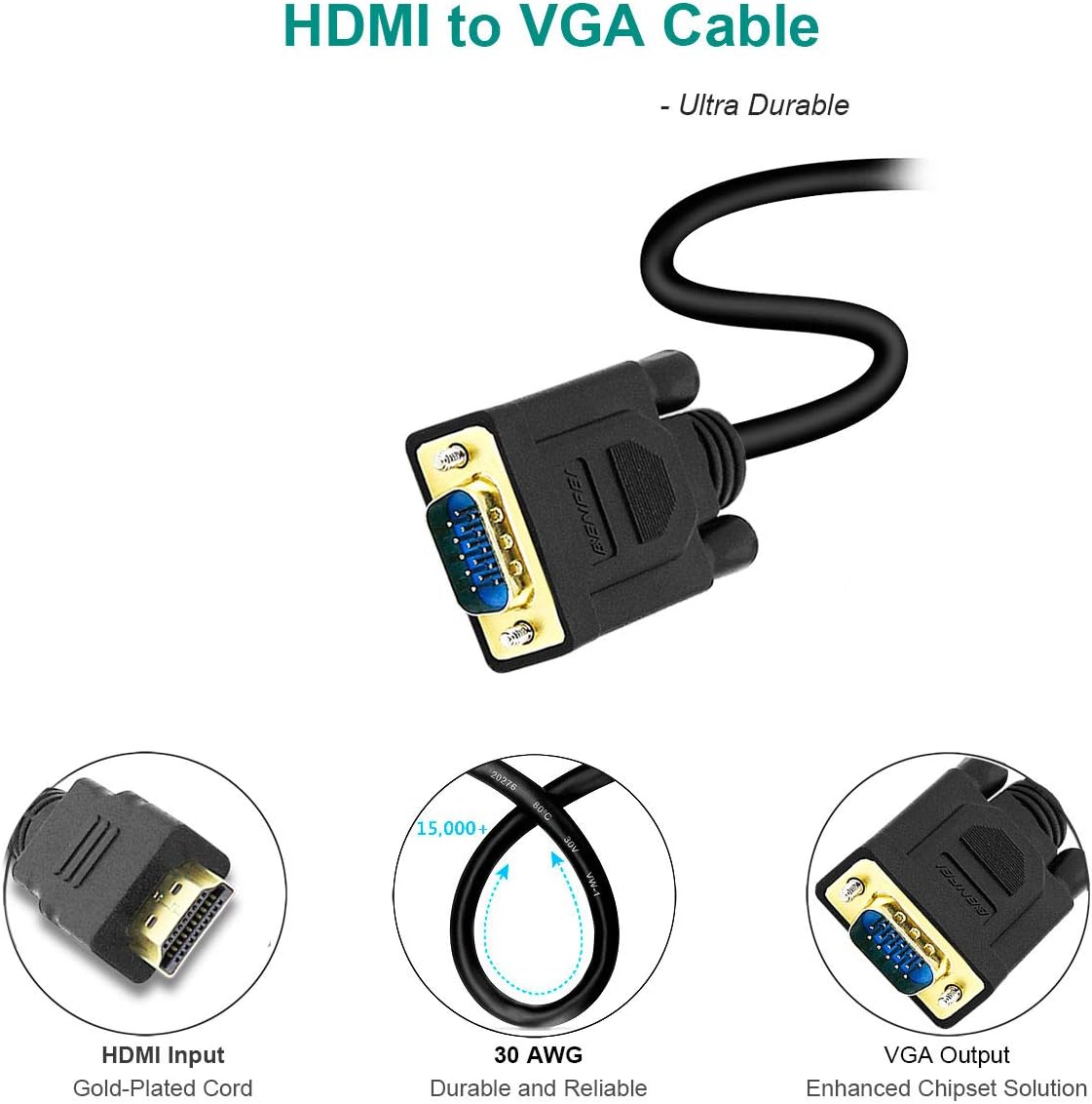 HDMI to VGA, Benfei Gold-Plated HDMI to VGA 6 Feet Cable (Male to Male) Compatible for Computer, Desktop, Laptop, PC, Monitor, Projector, HDTV, Raspberry Pi, Roku, Xbox and More: Industrial & Scientific