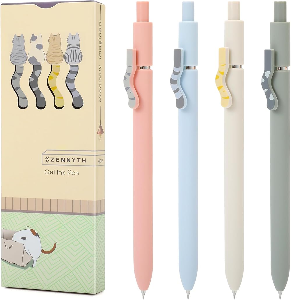 FIOVER 4PCS Cute Cat 0.5 mm Gel Pen Set Black Ink Quick Dry Press