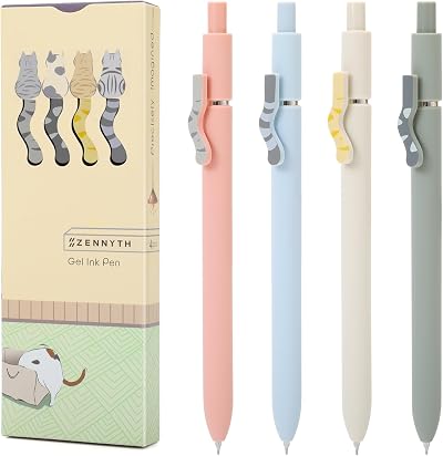 FIOVER 4PCS Cute Cat 0.5 mm Gel Pen Set Black Ink Quick Dry Press