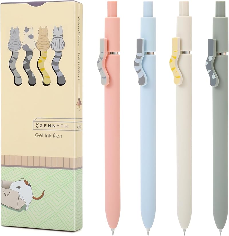 FIOVER 4PCS Cute Cat 0.5 mm Gel Pen Set Black Ink Quick Dry Press