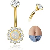 HYGCSP G23 Titanium Belly Button Ring 14G Golden Silvery Belly Ring for Women, Halo Internally Threaded Flower Opal Piercing Jewelry 8/10/12/14mm Barbell with Cubic Zirconia
