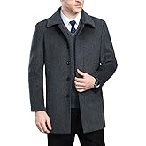 FASHINTY Men's Classical Bussiness Style Single Breasted Plaid Wool Coat #00220237