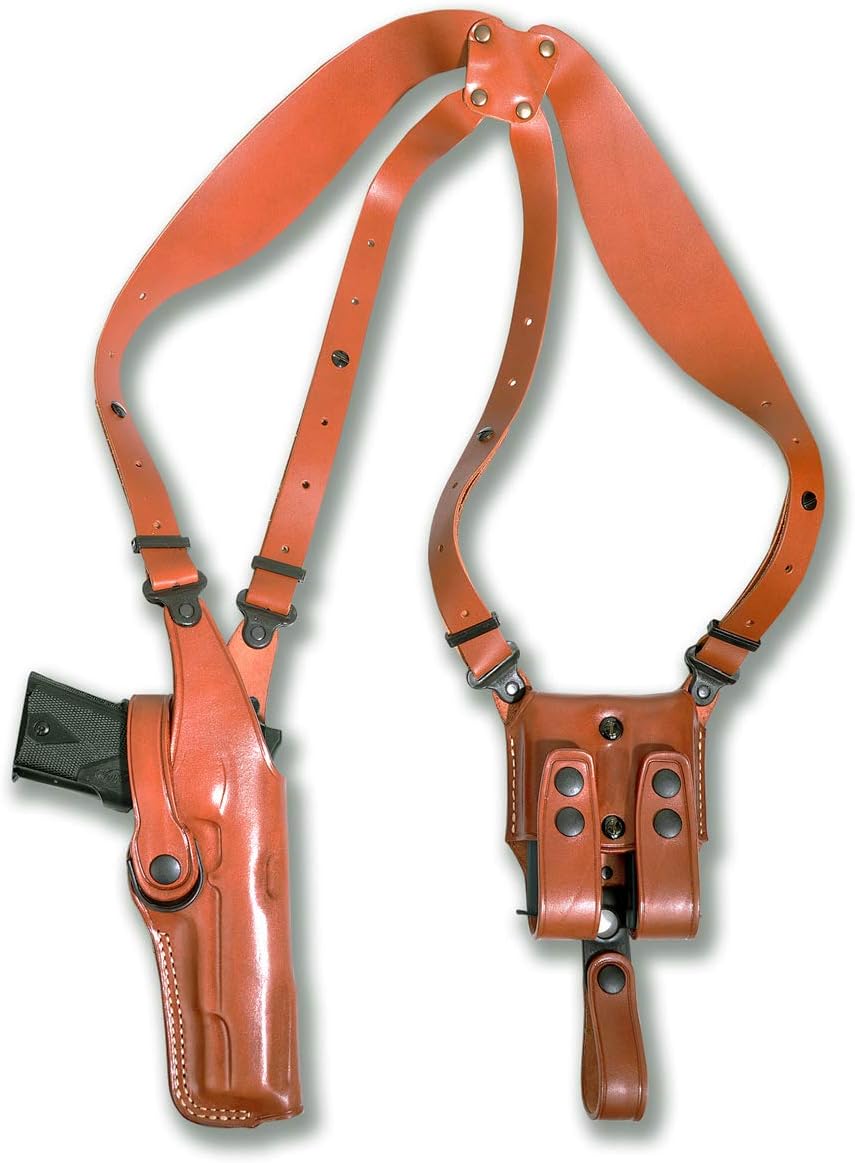 Premium Leather Vertical Shoulder Holster System with Double Magazine Carrier for Browning B.H.P-HI Power 4.7’’BBL, Right Hand Draw, Brown Color #1082#