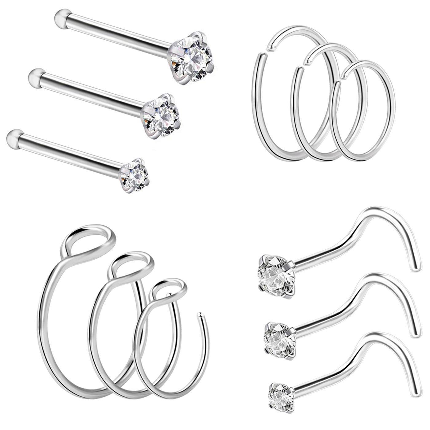 BODYA 12Pcs Nose Studs Set Surgical Steel 20 Gauge Nose Piercings Rings 6mm 8mm 10mm for Women Men (12pcs-Silver-Style 1)