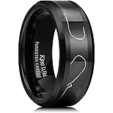 King Will Mens 8mm Black Silver Tungsten Rings, Men's Wedding Rings Fishing Line Inlay Beveled Edge Ring for Men Women, Comfort Fit, Durable