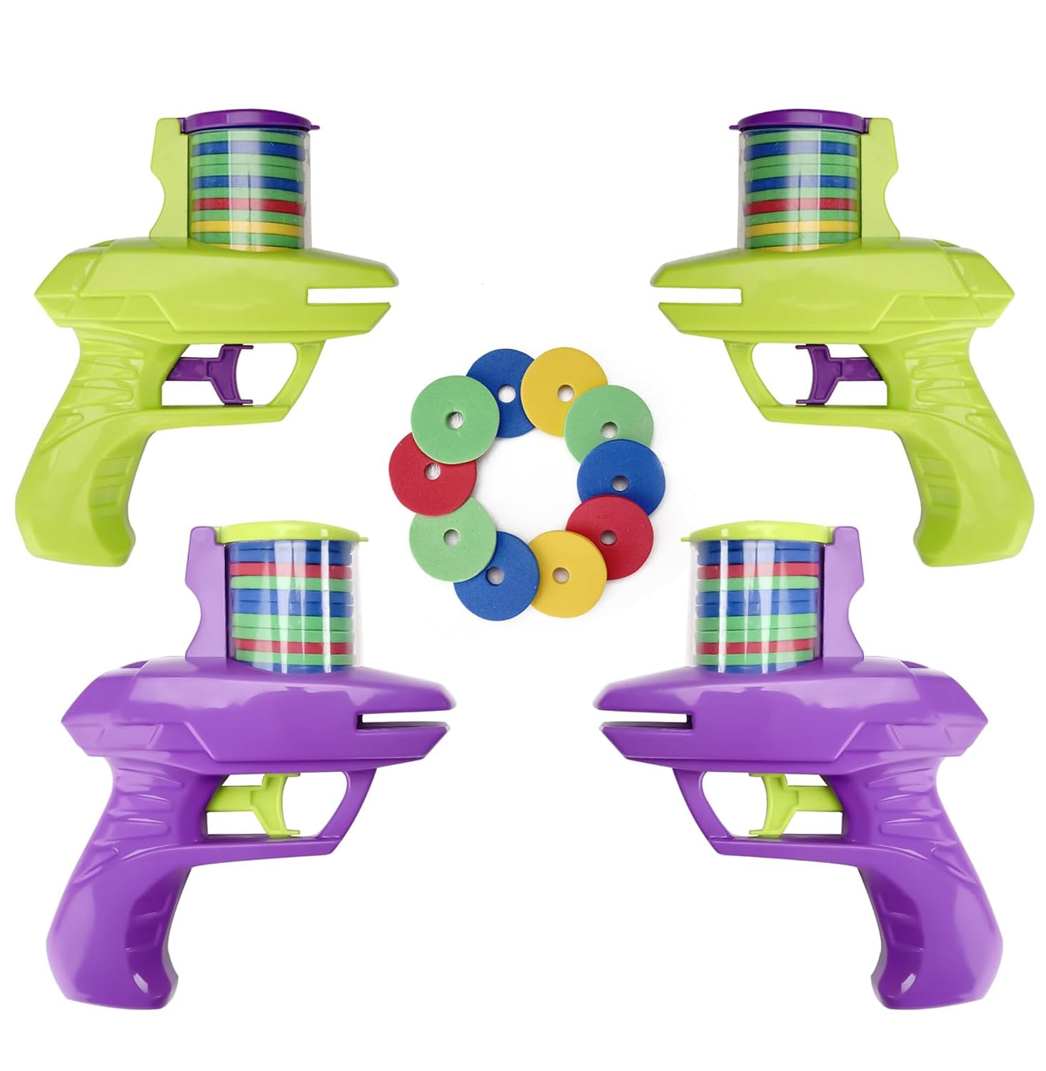 Foam Disc Launcher, Set of 4 Disk Shooter Toy Guns with 4 Gun and 15 Flying Disks Each, Outdoor Games and Activities for Summer, Backyard, and Picnic Fun, Best Gift Idea