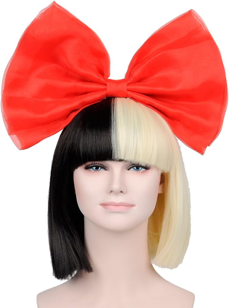 OUO HAIR Wig Fashion Star Short Bob Straight Hair Fashion Wig Straight Bang Synthetic Wig +Big Red Bow (Black Mixed Golden)