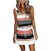 ETCYY NEW Womens Summer Striped Dresses Casual Sleeveless T Shirt Dress Drawstring Waist Sundress with Pockets