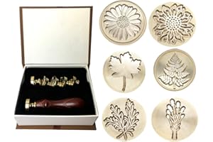 Suapouen Wax Seal Stamp Set, 6Pcs Botanical Sealing Wax Stamp Brass Heads + 1Pc Wooden Handle with A Gift Box Vintage