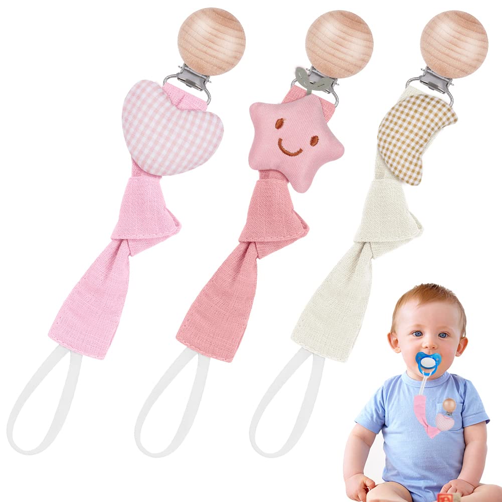Vicloon 3 Pcs Baby Dummy Clips, Dummy Clip Boys Girls, Wooden Dummy Clips for Baby, Soother Pacifier Chain Holder Clips BPA Free Baby Dummy Chain for Teether Toy or Soothie