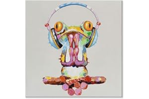 JAPO ART Frog Doing Yoga and Listening to Music Funny Animal Canvas Wall Art Meditate 100% Hand Painted Frog Painting Poster for Kidroom Bedroom Living Room Ready to Hang 24x24Inch