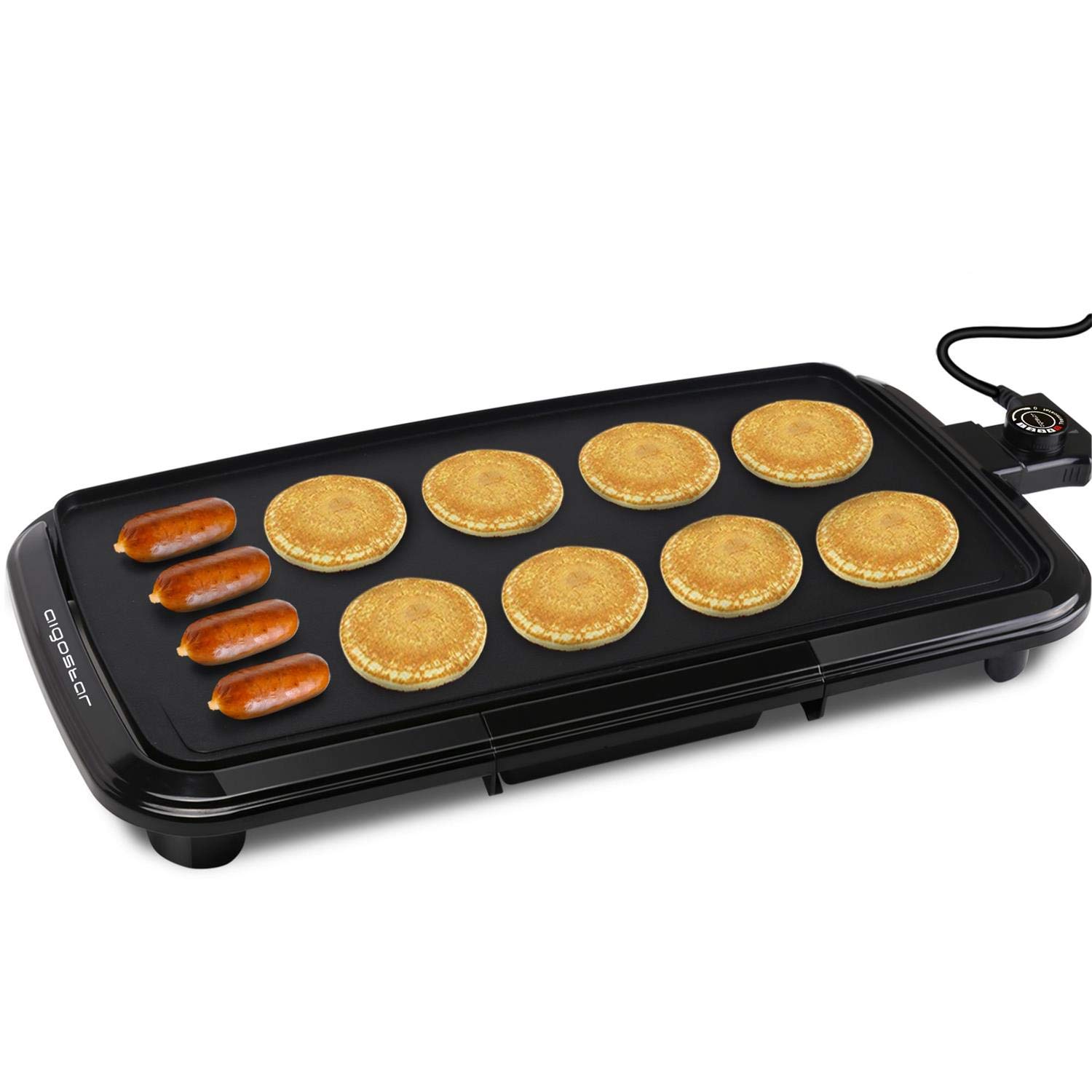 Aigostar Varmo Nonstick Electric Griddles - 1500W Pancakes Griddle Grill with Drip Tray, 10” x 20” Family-Sized, Black